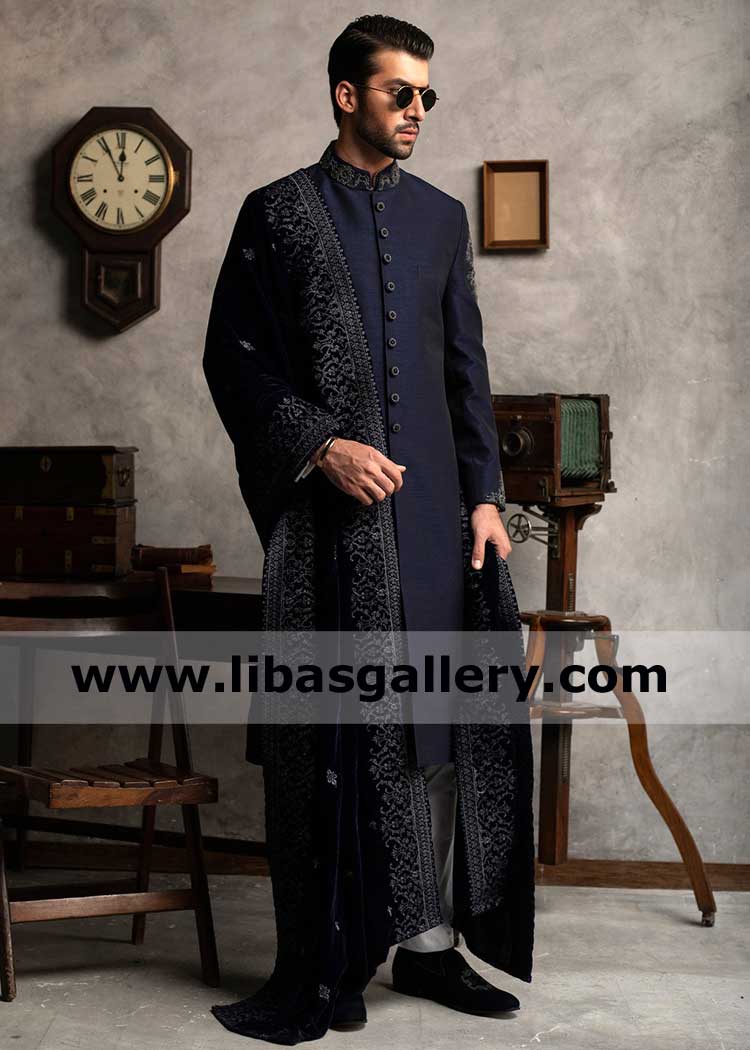 Black Velvet Shawl for Groom Nikah Barat with Silver Gray Embroidery Borders pattern made by Thread and Zari Stuff Germany France Australia UK USA