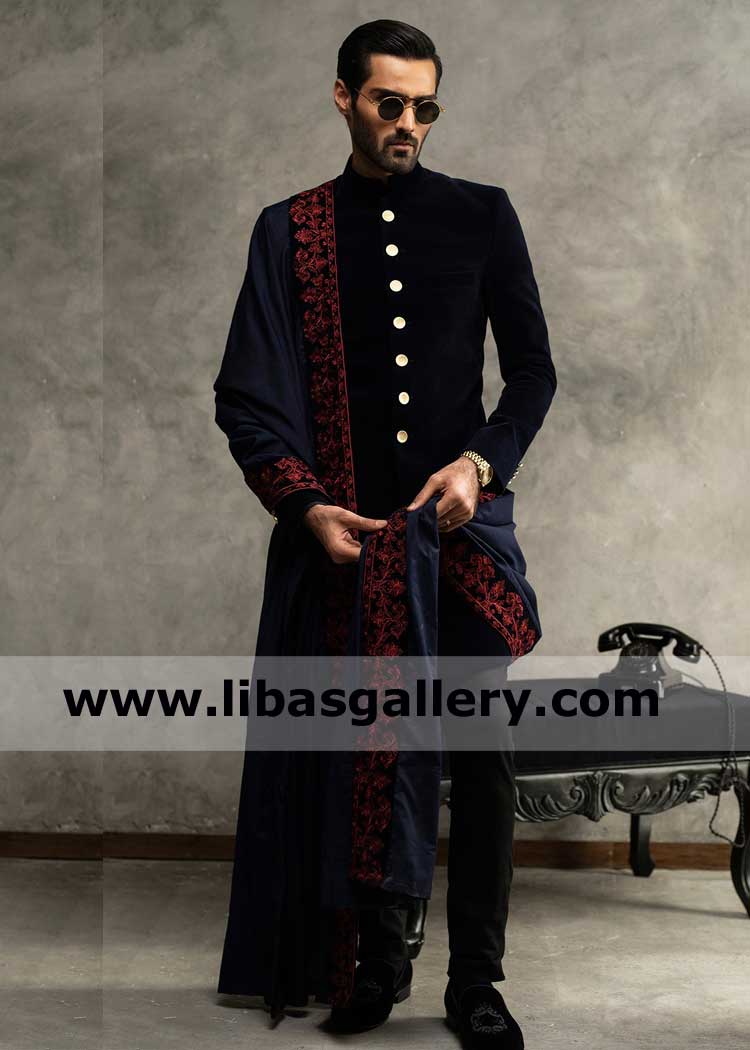 Men Blue Embroidered Shawl for Wedding best wishes day to start new life partnership of Groom Hasnain Lehri and bride UK USA Canada Dubai Australia