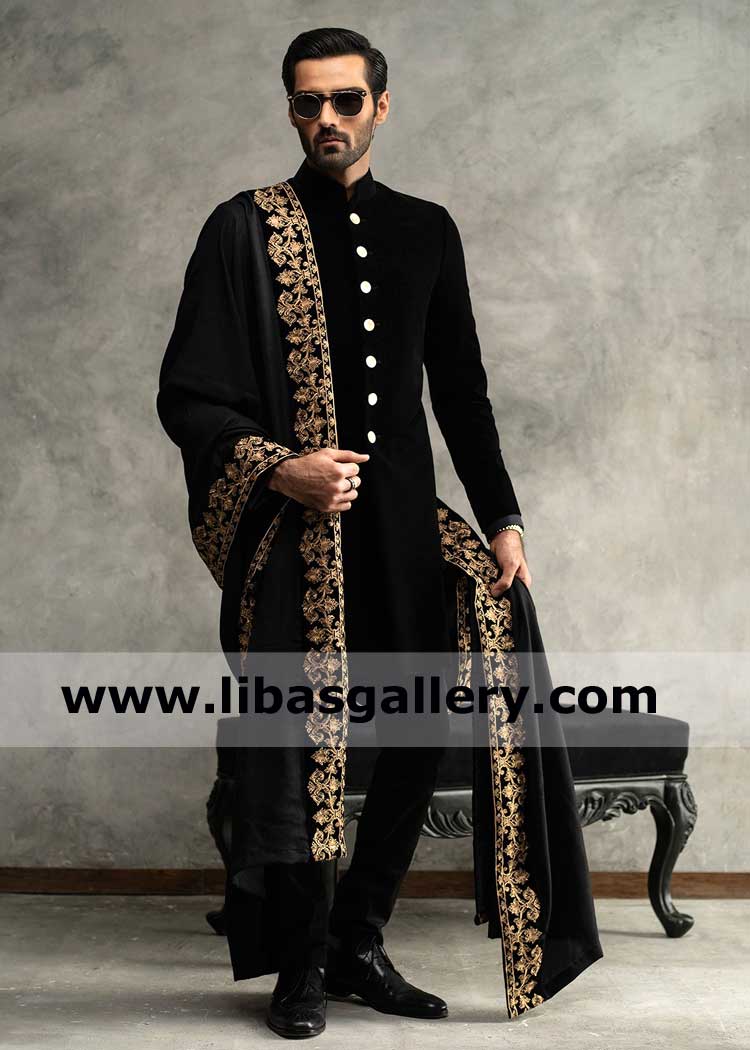 Hasnain Lehri in Black Royal Groom Embroidered Shawl with Gold Anchor thread embroidery 4 sides nicely done to wear on sherwani France Germany USA