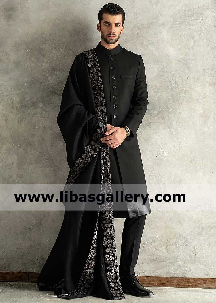 Classic Black Groom Shawl with Gray Embroidery wide Borders made with Resham and Zari high quality thread combo best for Nikah Event Las Vegas Boston Detroit USA