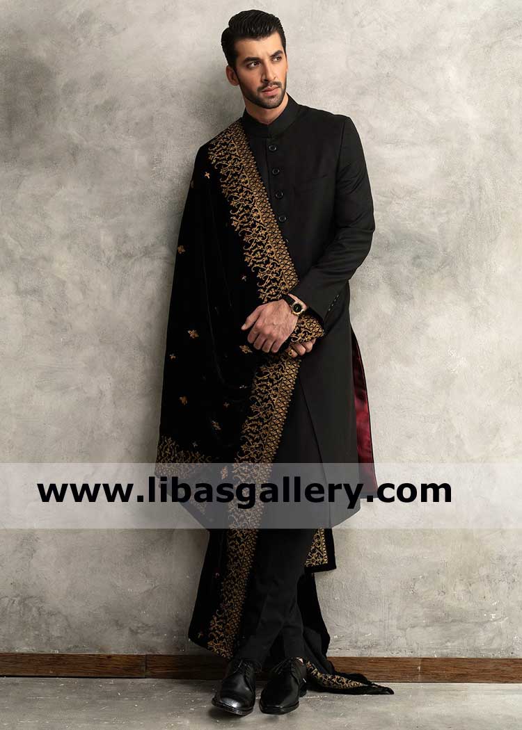 Men Black Velvet Shawl with Gold embroidery borders decorated by thread and Zari for Nikah Toronto Vancouver Quebec Canada