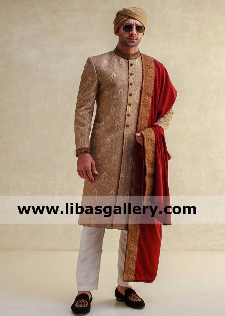 Luxury features Groom Maroon Shawl with Gold Sophisticated Embroidery Designs for love and arrange marriage Nikah event Sydney Canberra Brisbane Australia