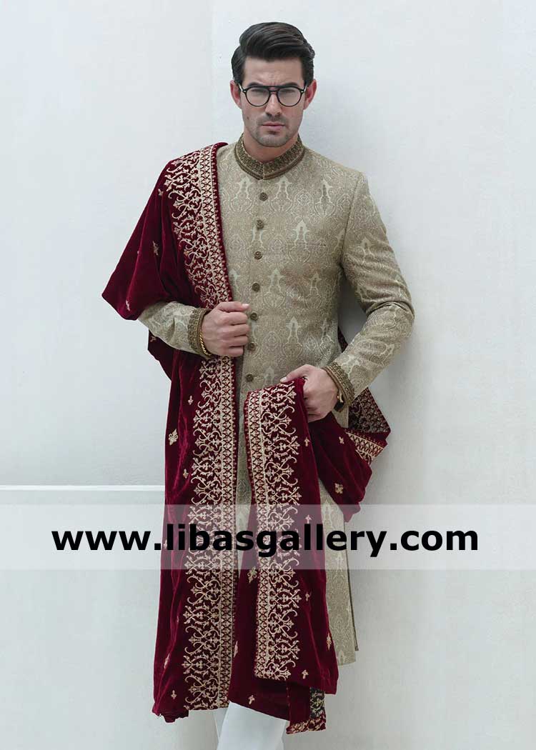 Velvet Embroidered Men Shawl for Nikah Barat Event with light Gold thread embroidery on borders beautifully done by computer machine UK USA Canada Dubai Australia