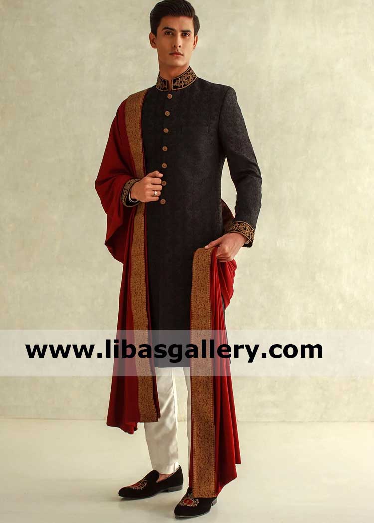 Red and Gold Men Embroidered Shawl for Wedding Nikah luxury embroidery on borders by thread and Zari combo Sacramento Mesa Atlanta Kansas City USA