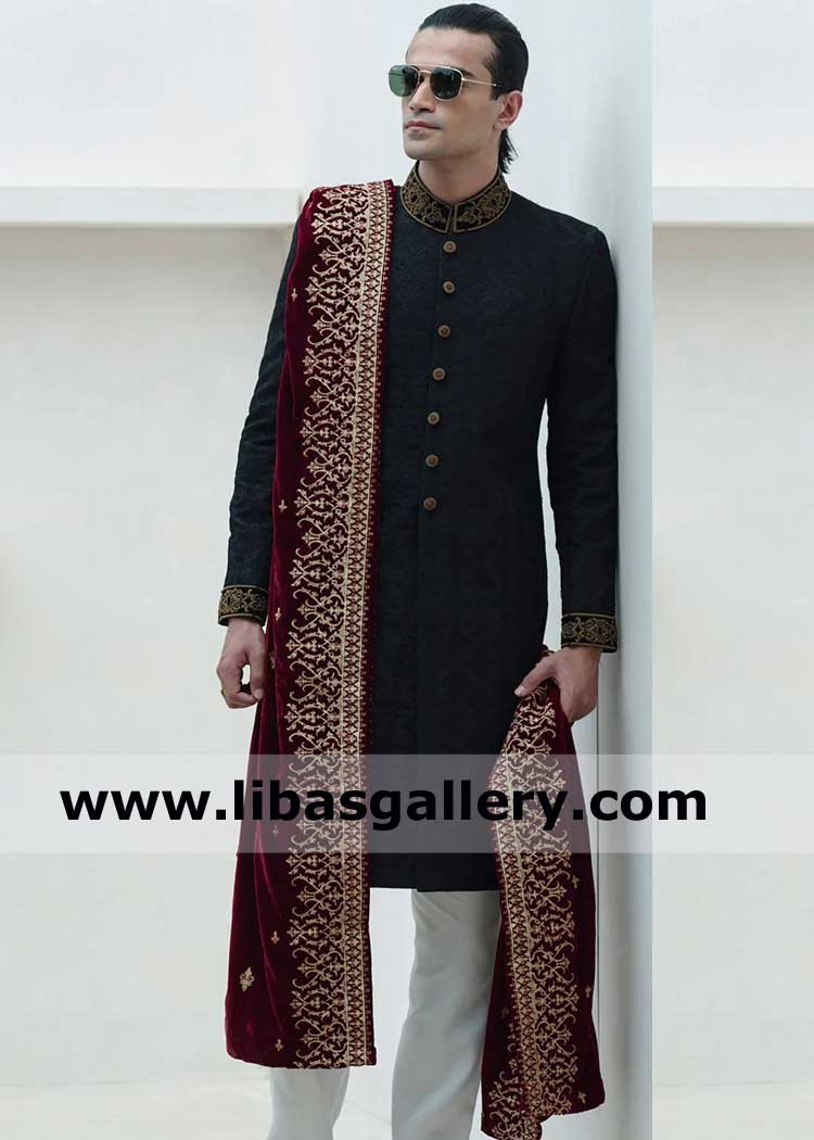 Purple Maroon Velvet Gold Embroidered Groom Wedding Shawl