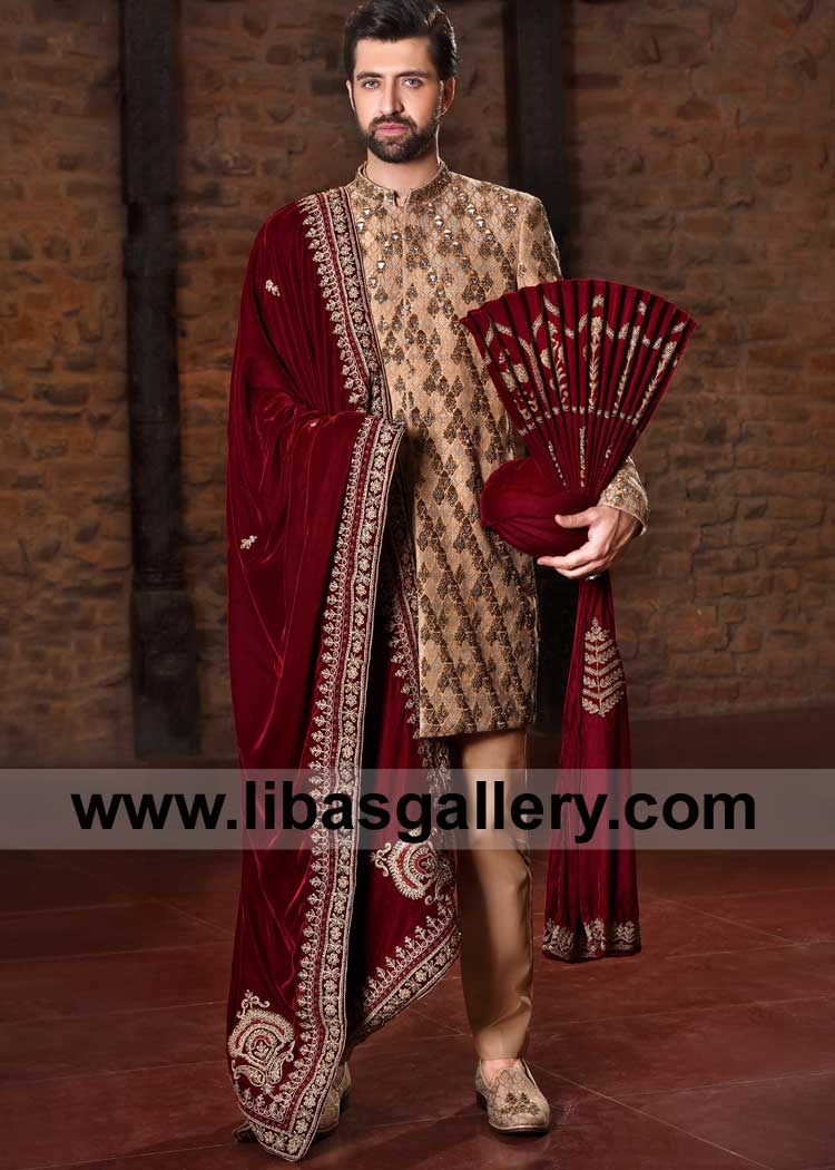 Groom Shawl in Maroon Velvet with Silk thread Embroidered Borders 4 sides compliment with small motifs in middle and big motifs on Pallu UK USA Canada Dubai Australia