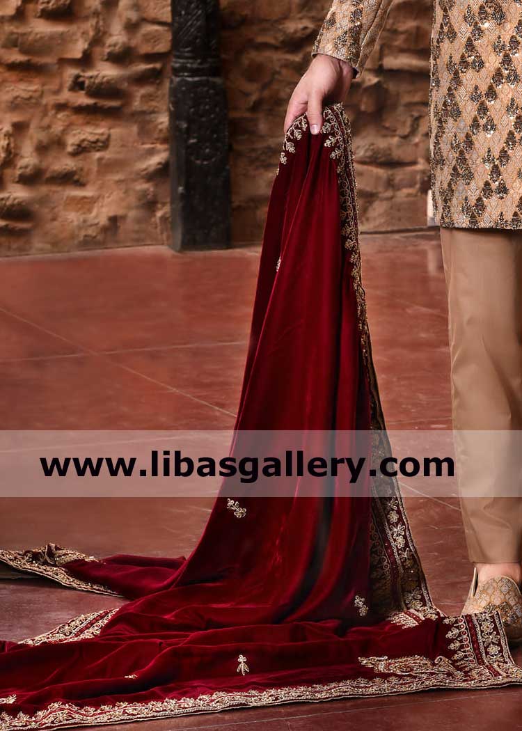 Groom Shawl in Maroon Velvet with Embroidered Borders