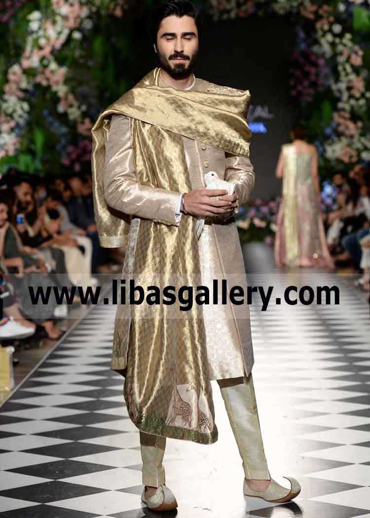 Nabeel Zuberi in Golden jamawar designer wedding shawl to Wear on Nikah and Mehndi Day with sherwani or Kurta Pajama Southhall London Birmingham Glasgow UK