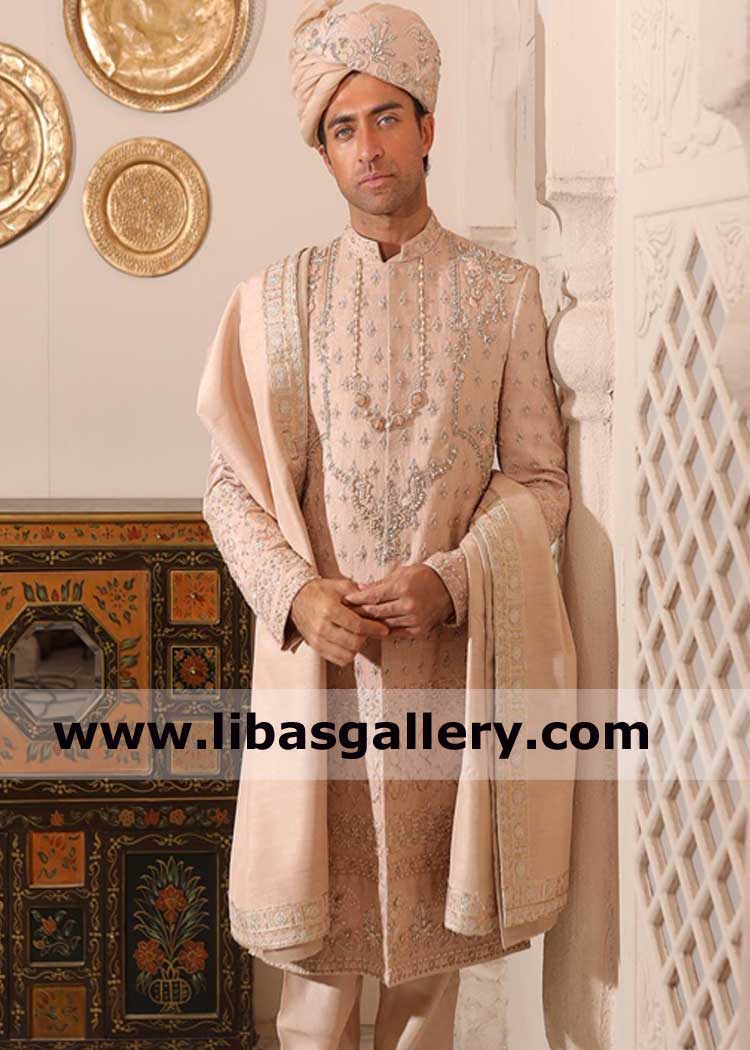 Peach Pink Men Embroidered Wedding Shawl Design for Nikah purpose to wear with matching Nikah sherwani suit Phoenix Philadelphia San Antonio USA