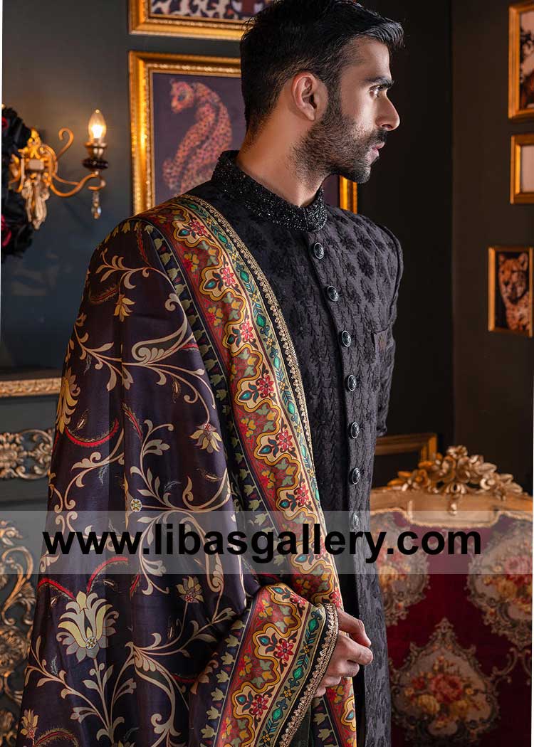 Black Wedding Shawl for Groom digital print borders Gota lace and embroidery in middle area full flash Nikah Shawl UK USA Canada Dubai