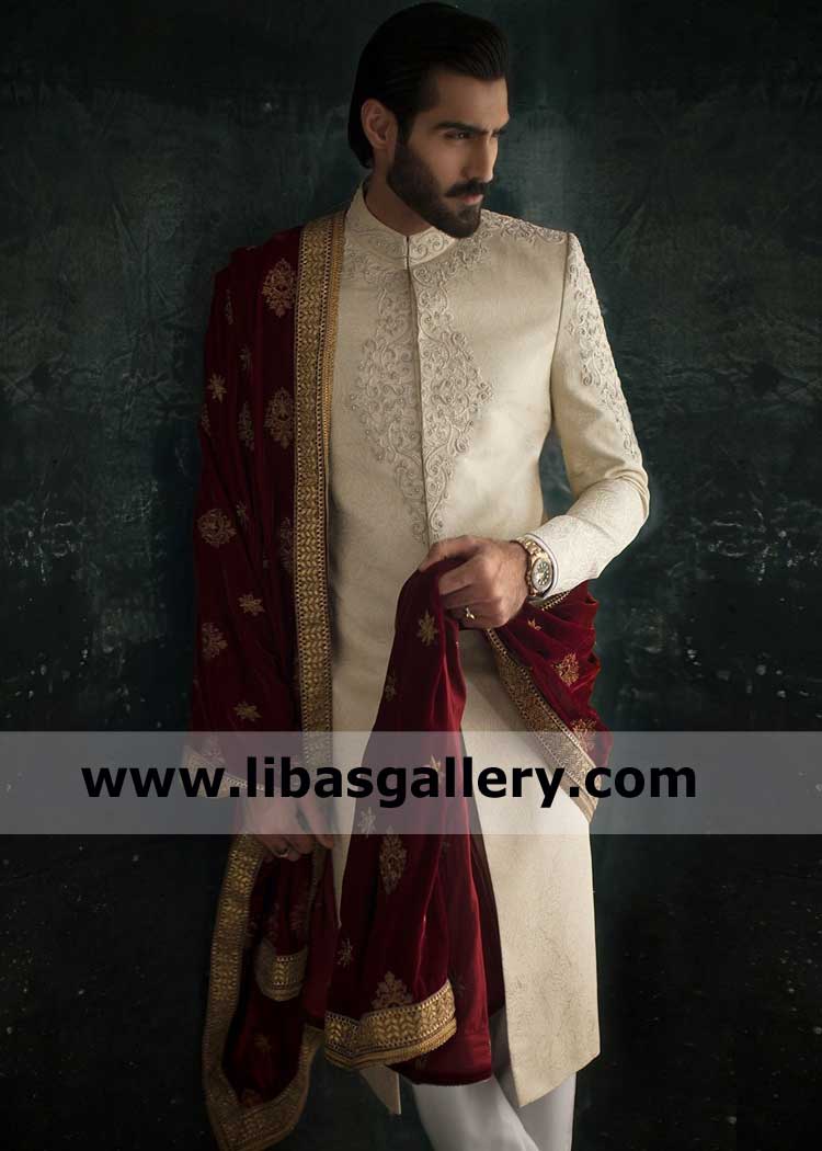 Hasnain Lehri in Rich Quality Maroon Gold Groom Embroidered Wedding Shawl for Sherwani to Enjoy Holy Nikah Event with life partner and Family New York Toronto Dubai London