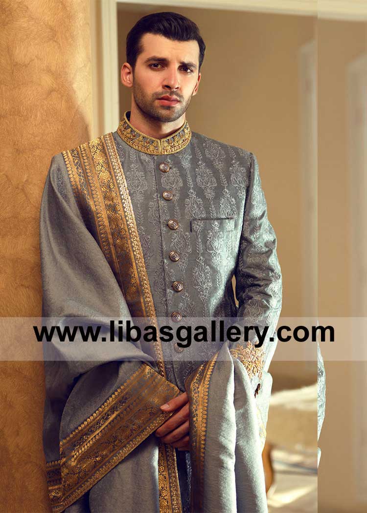 Gray Groom Wedding Shawl Crafted from Luxurious Raw Silk Fabric decorated border by Gold Jamawar with pure love Nottingham Sheffield Bristol UK