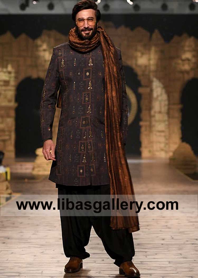 Aijaz Aslam on Ramp in Jamawar Brown Sherwani Shawl looking Royal and Elegant Buy Son Nikah Event or relatives wedding Shawl Cardiff Manchester Stoke-on-Trent UK