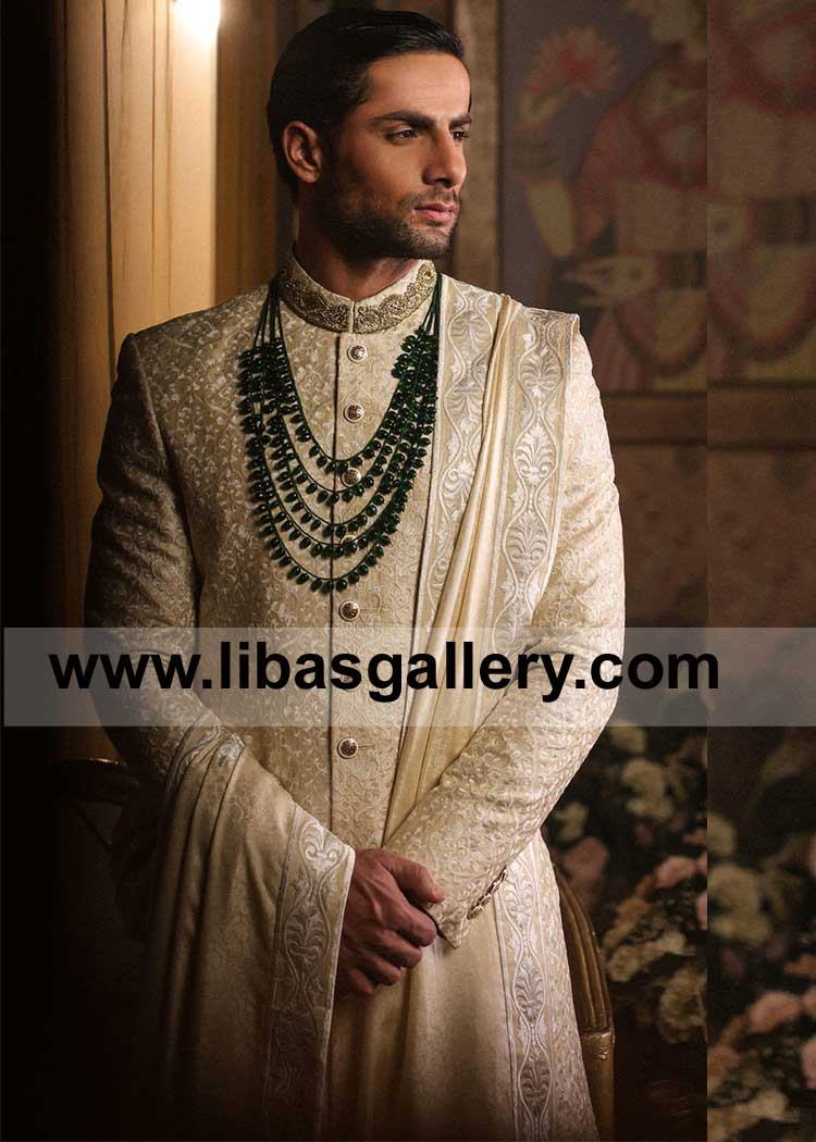 Cream Embroidered Jamawar Groom Wedding Shawl tailored to fit the groom comfortably to look royal prince on Nikah day Ottawa Toronto Montreal Canada