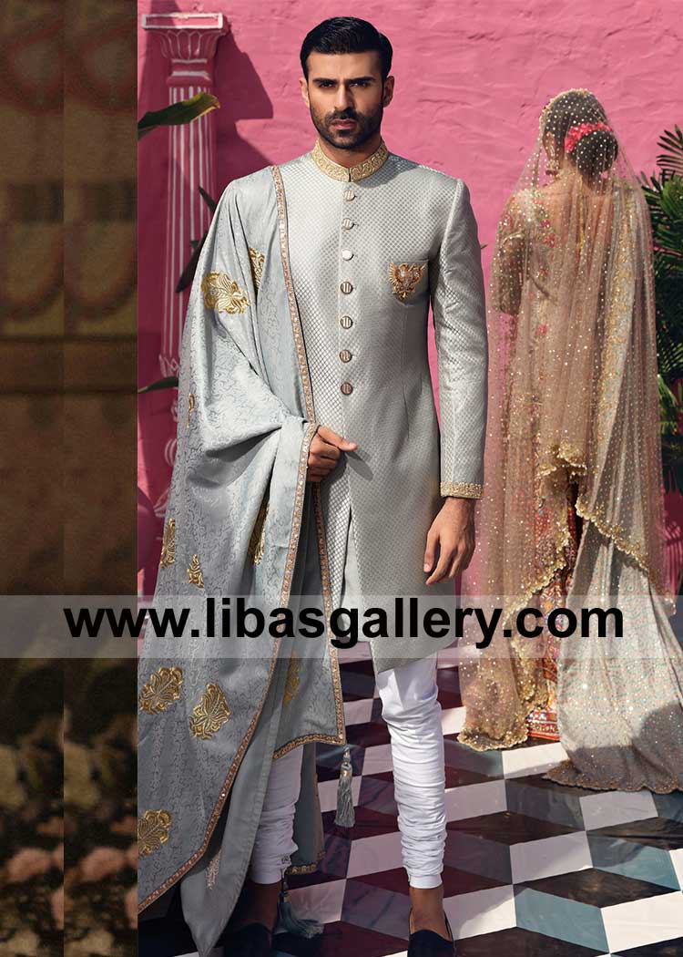 Silver Gray Royal Jamawar Gold Embroidered Groom Nikah Barat Shawl matching to your sherwani with thin embroidery border and Tussles Qatar UK USA Saudi Arabia Dubai