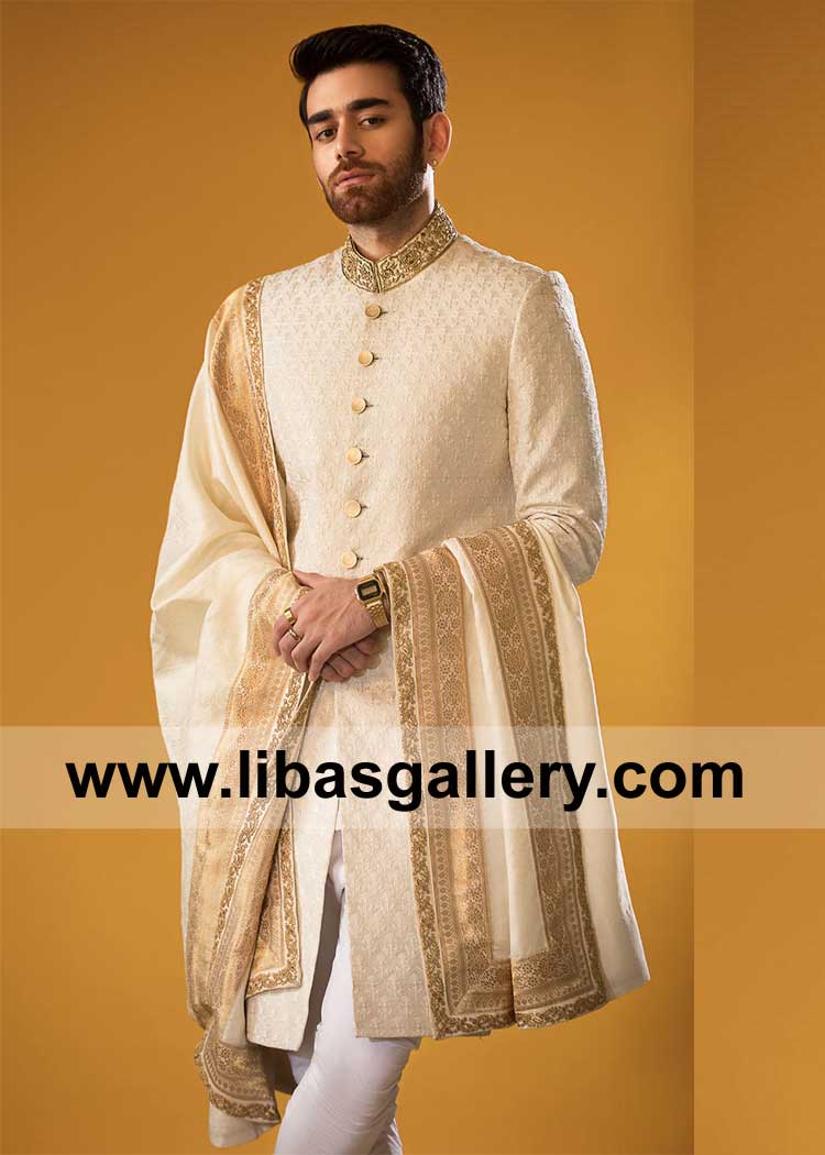 Off White Groom Wedding Shawl with Gold Jamawar Border and Gold Embroidery for Groom Marriage Nikah Barat Southhall London Scotland England