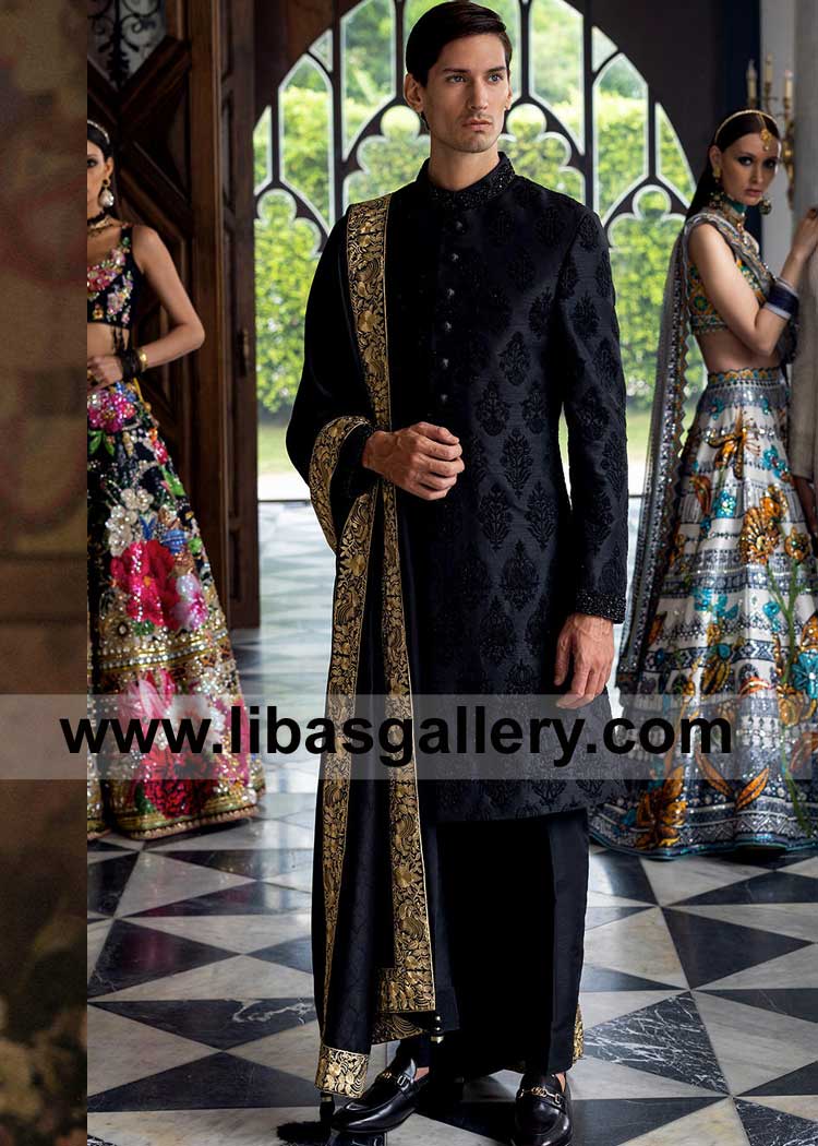 Black Shawl for Wedding made by Expert Artisans for Groom Nikah Barat day compliment with Gold thread embroidery on border Sugarland Dubai Perth Doha Vancouver