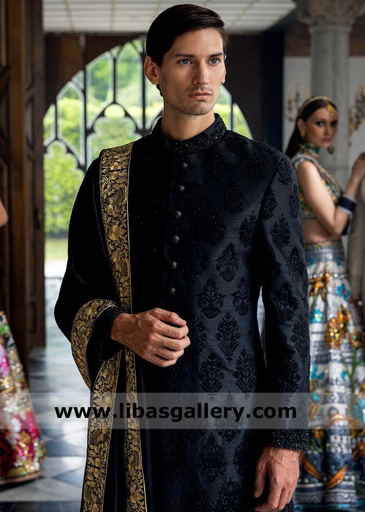 Black Gold Embroidered Wedding Shawl for Groom