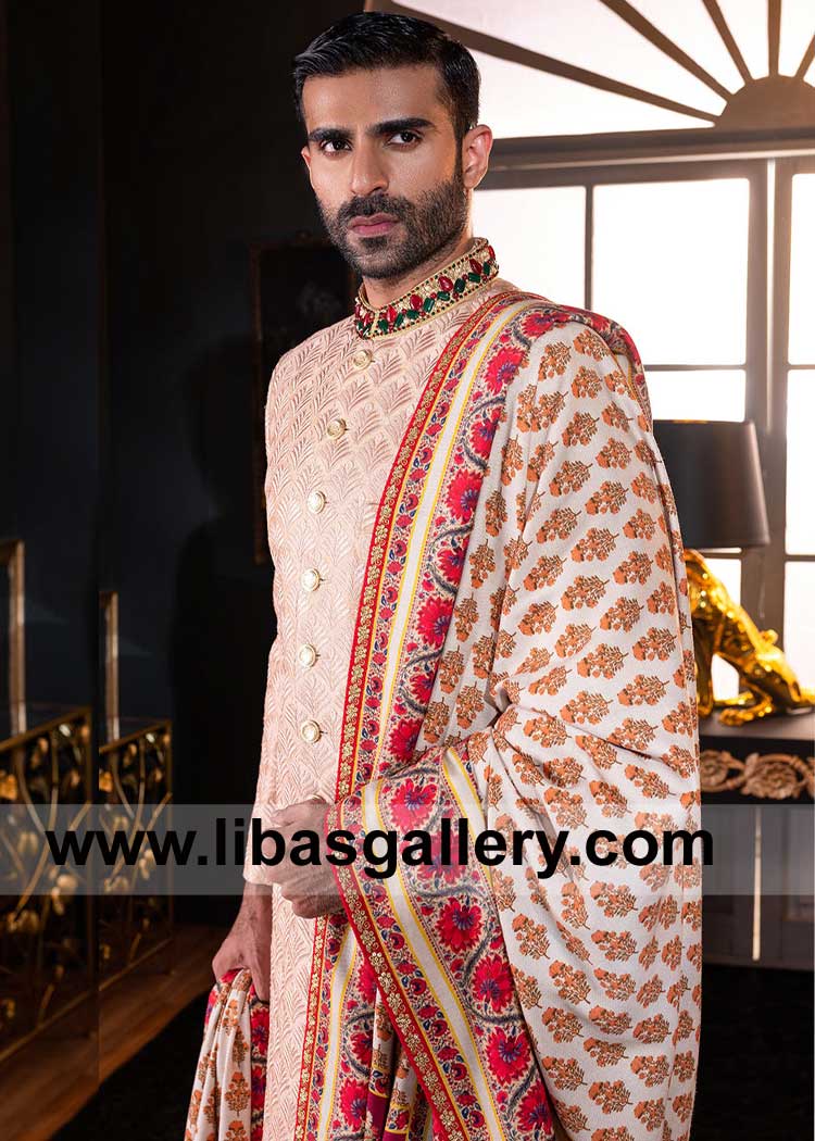 Groom Off white Digital Print Nikah Wedding Shawl with hand Embellished Border timeless pattern with essence of Tradition Indianapolis Seattle San Francisco USA