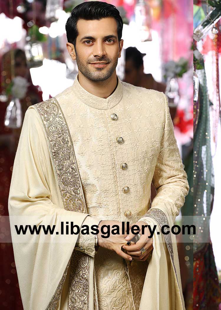 Ivory Wedding Shawl for Groom special Nikah day celebration Chadar adorned with gray silver thread embroidery with Zari on borders UK USA Canada Australia Dubai