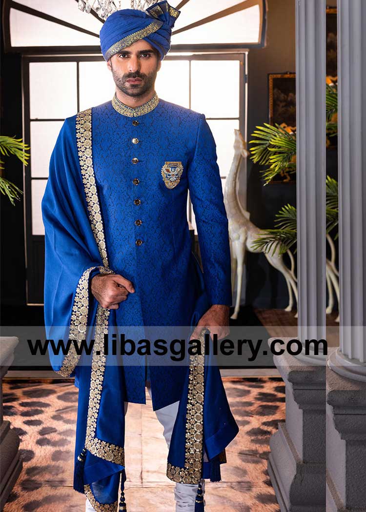 Groom Blue Raw Silk Shawl with Gold hand crafted detail