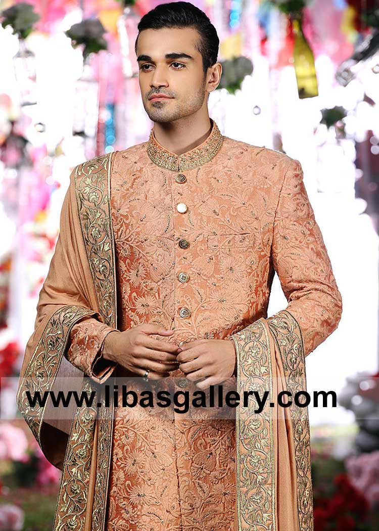 Burnt Sienna Premium Groom Embroidered Wedding Shawl tailored to fit the groom comfortably on Special Nikah day with life Partner Newport Swansea Bradford UK