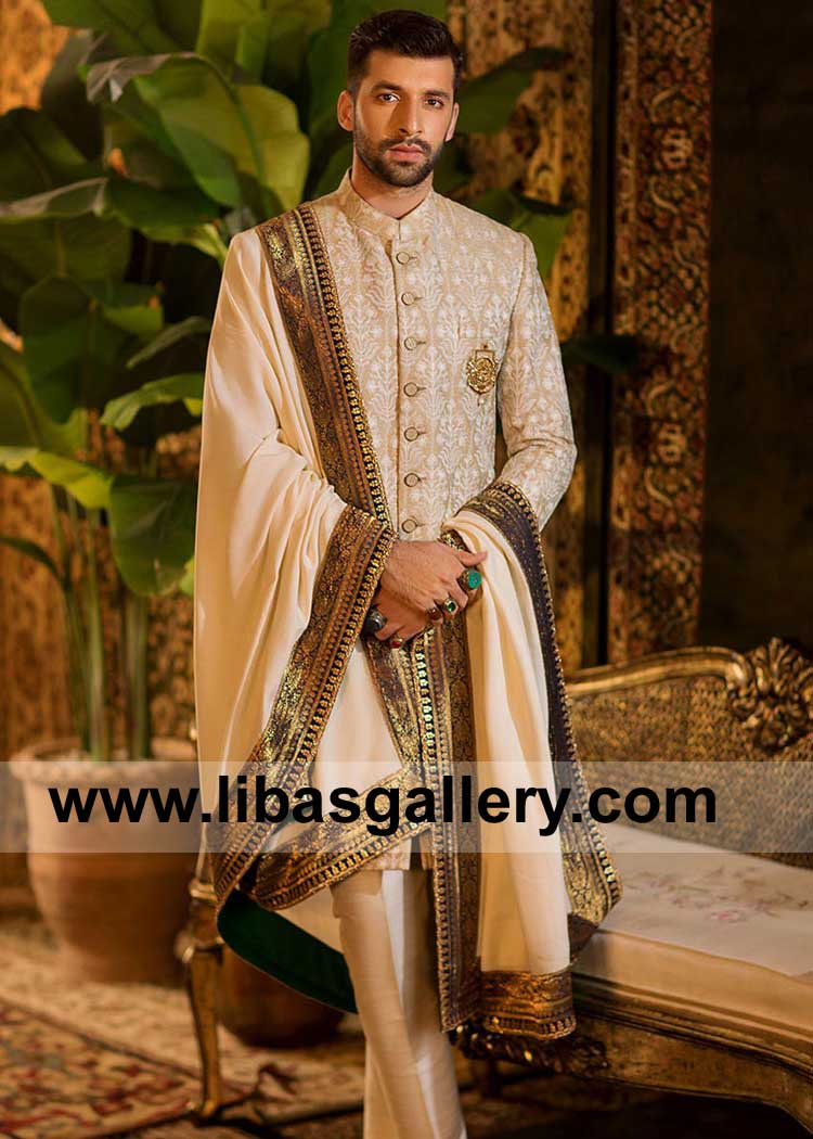 Off white Men Shawl for Nikah Sherwani | Groom light shade Shawl with Jamawar Border available to dispatch faster to UK USA Canada Australia Saudi Arabia