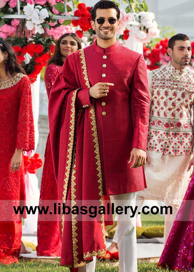 Men Elegant Scarlet Color Shawl in Karandi for Mehndi Event with Classic Gold Embroidery Border to wear on Sherwani Milwaukee Baltimore Louisville USA