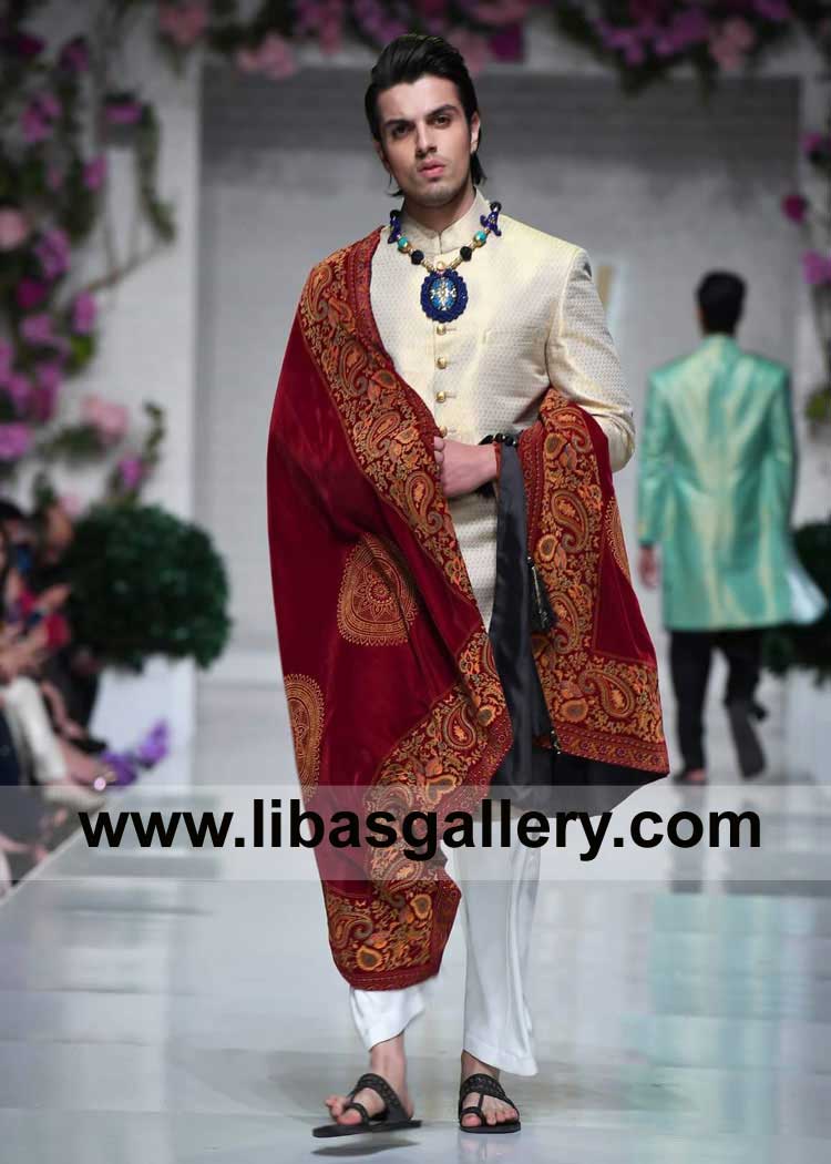 Maroon Embroidered Wedding Shawl for Groom Nikah time Intricate Colorful wide Embroidery border and Motifs in Middle Toronto Montreal Vancouver Canada