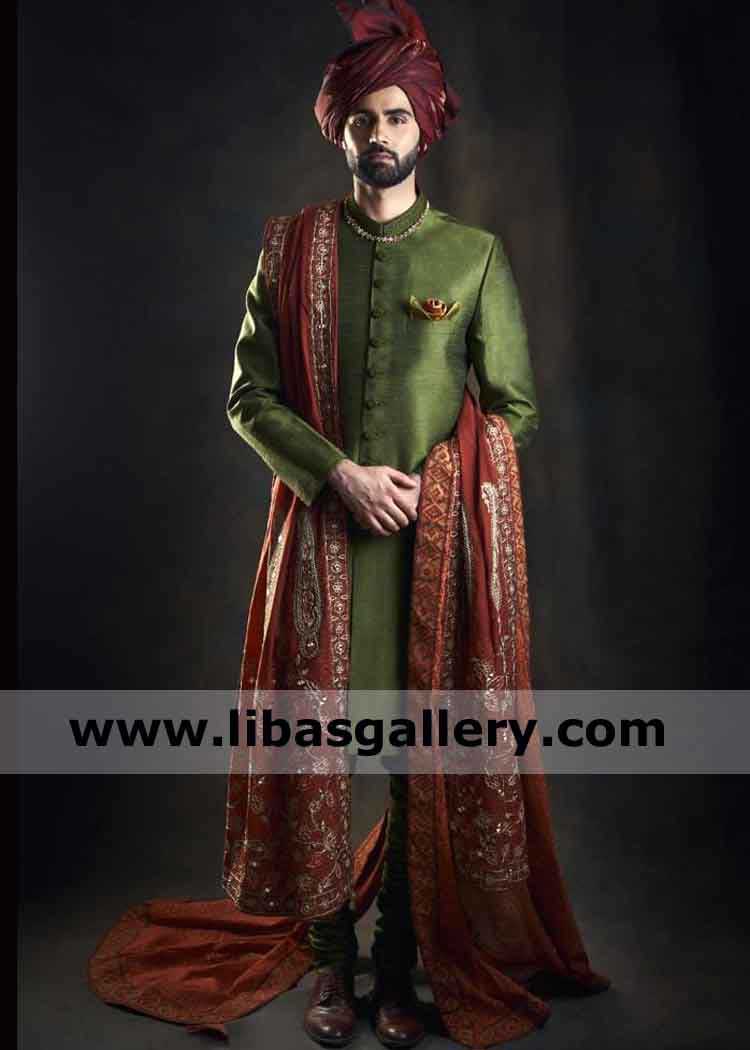 Dazzling Maroon Shawl Embroidered for Groom Nikah day decorated with fancy type embroidery full cover from back by Fabric Houston Texas Sugarland USA