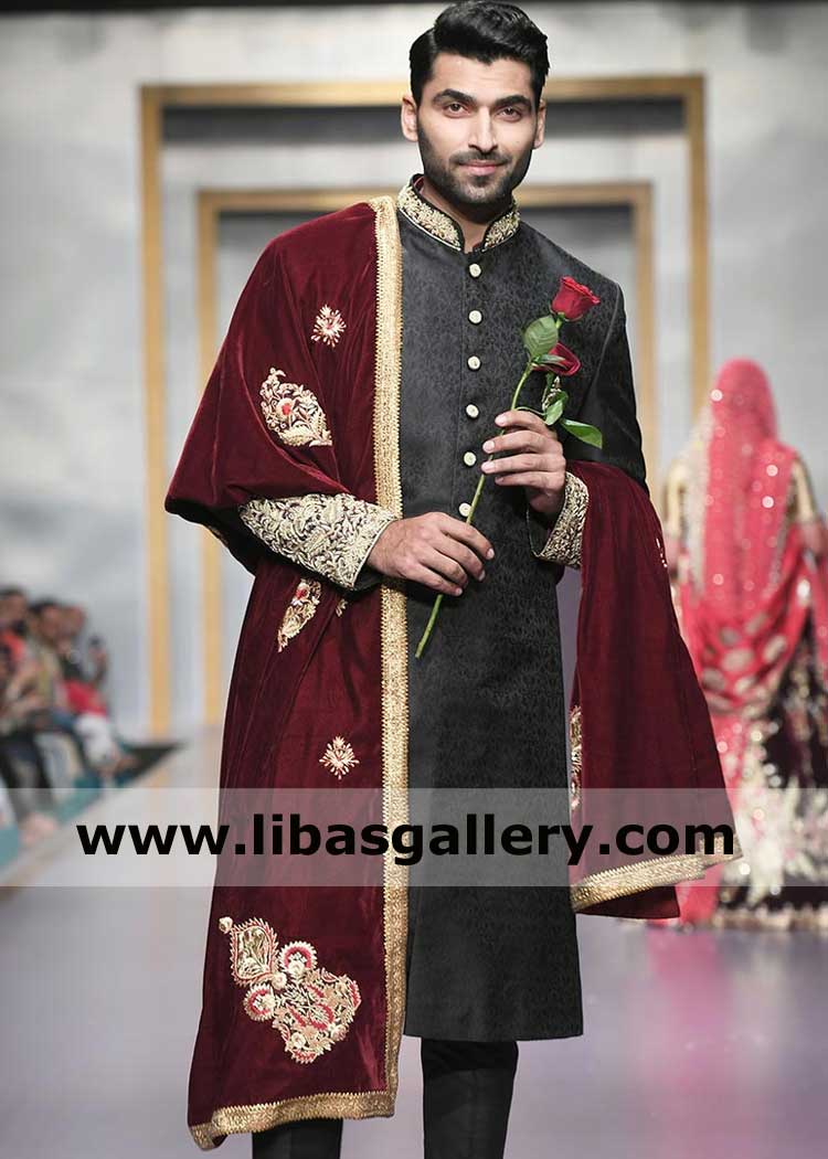 Maroon Velvet Men Shawl with Gold Embroidery Motifs for Groom Nikah Barat day corners finihsed with Gold fancy lace Designer Marriage Shawl UK Dubai Canada