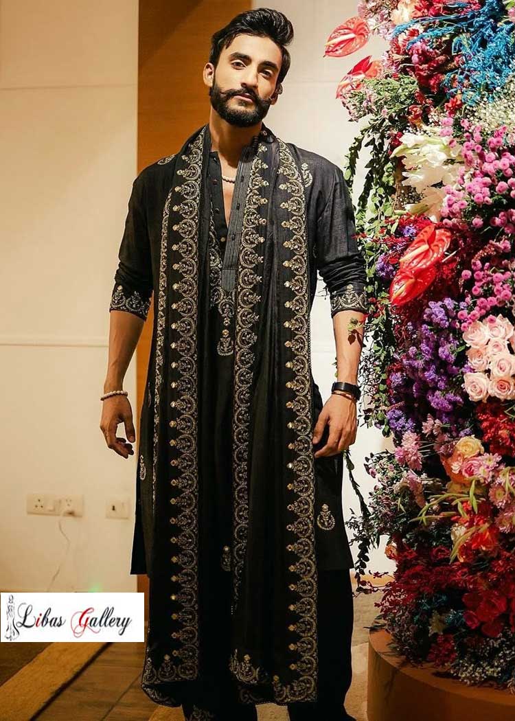 Black Embroidered Chandbali Design Shawl for Men Engagement Event
