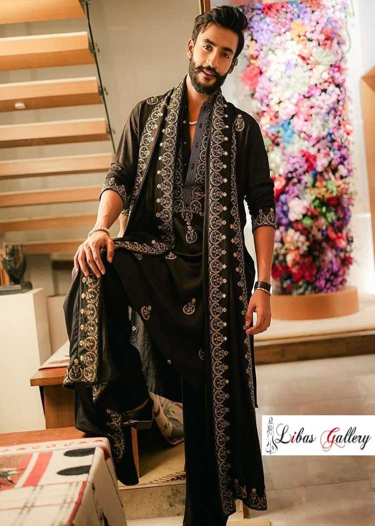 Black Embroidered Chandbali Design Shawl for Men Engagement Event