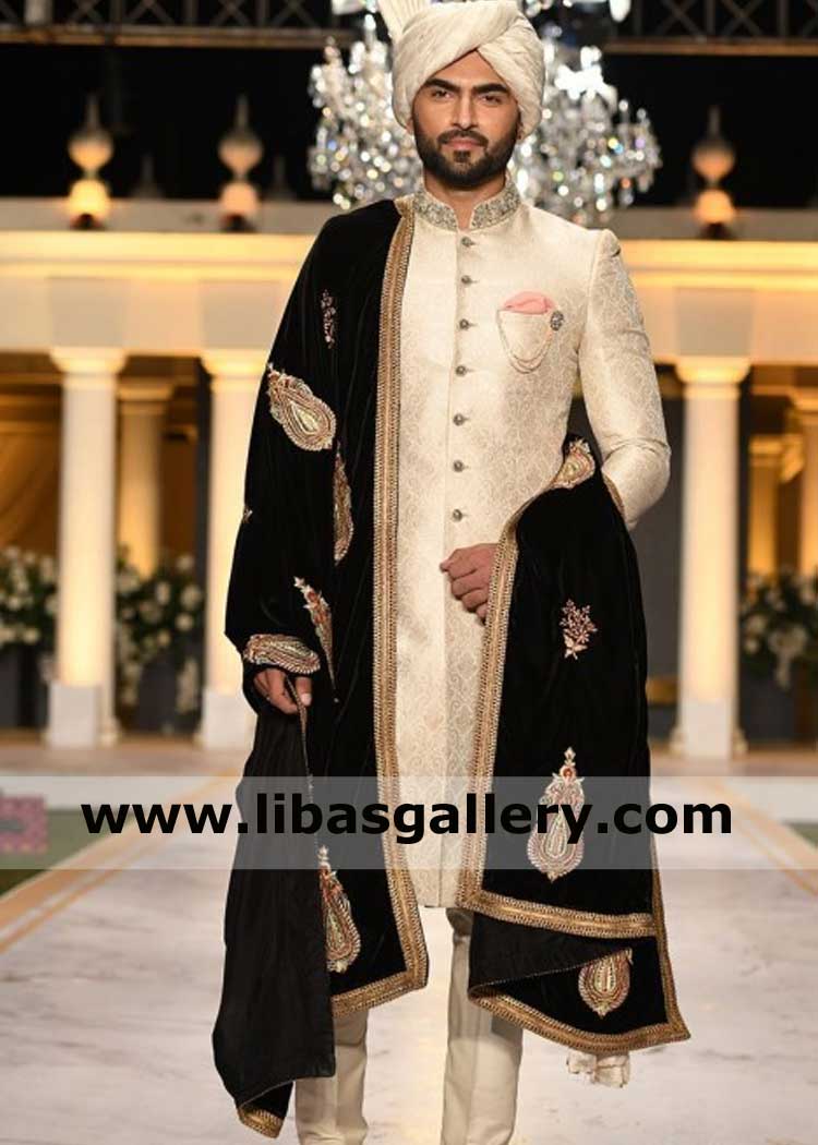 Black Velvet Royal Style Men Wedding shawl with Multi Color Embroidery Motifs finished corners with Gota lace nicely France Germany Singapore