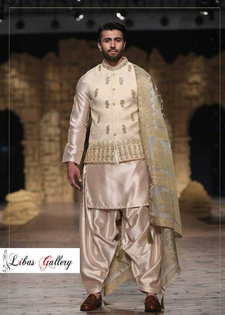 Gray Shawl with Gold Intricate Embroidery for Groom Wedding