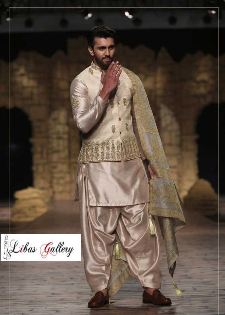 Gray Shawl with Gold Intricate Embroidery for Groom Wedding