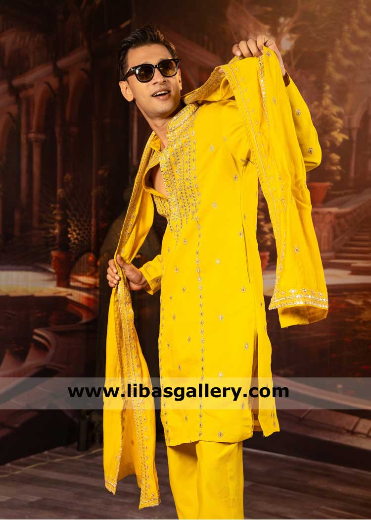 mehndi day kurta for men with embroidery, Groom wedding kurta yellow for mehndi, Yellow embroidered kurta and Shawl Washington Ontario Perth