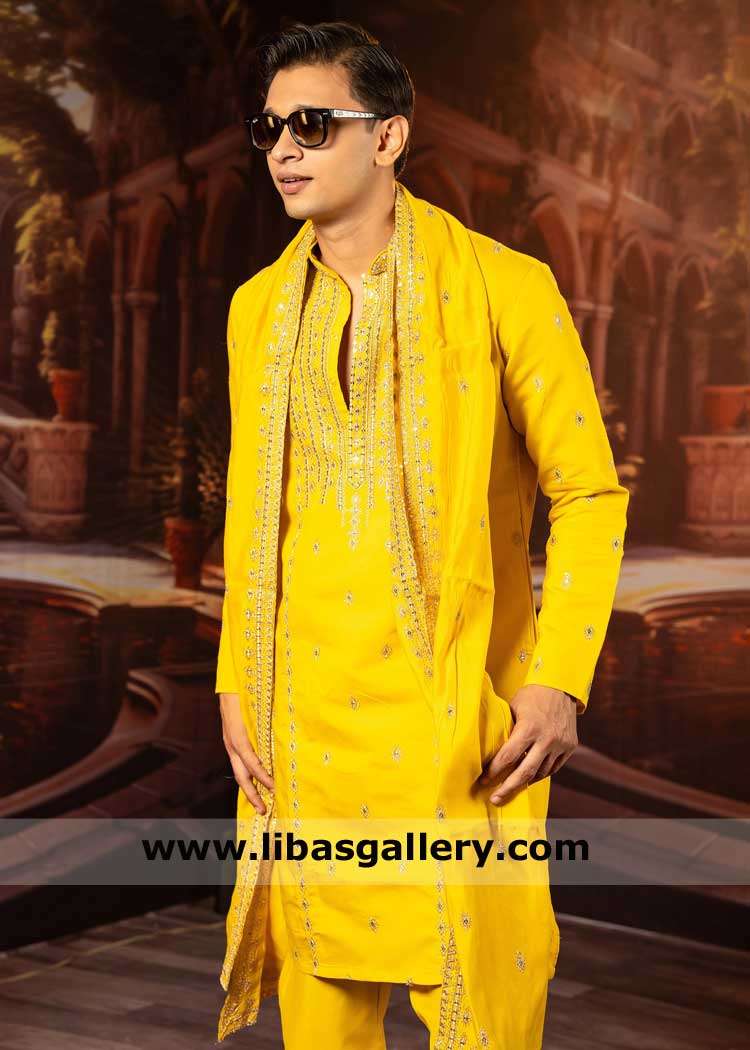 Yellow Embroidered Groom Kurta for Mehndi