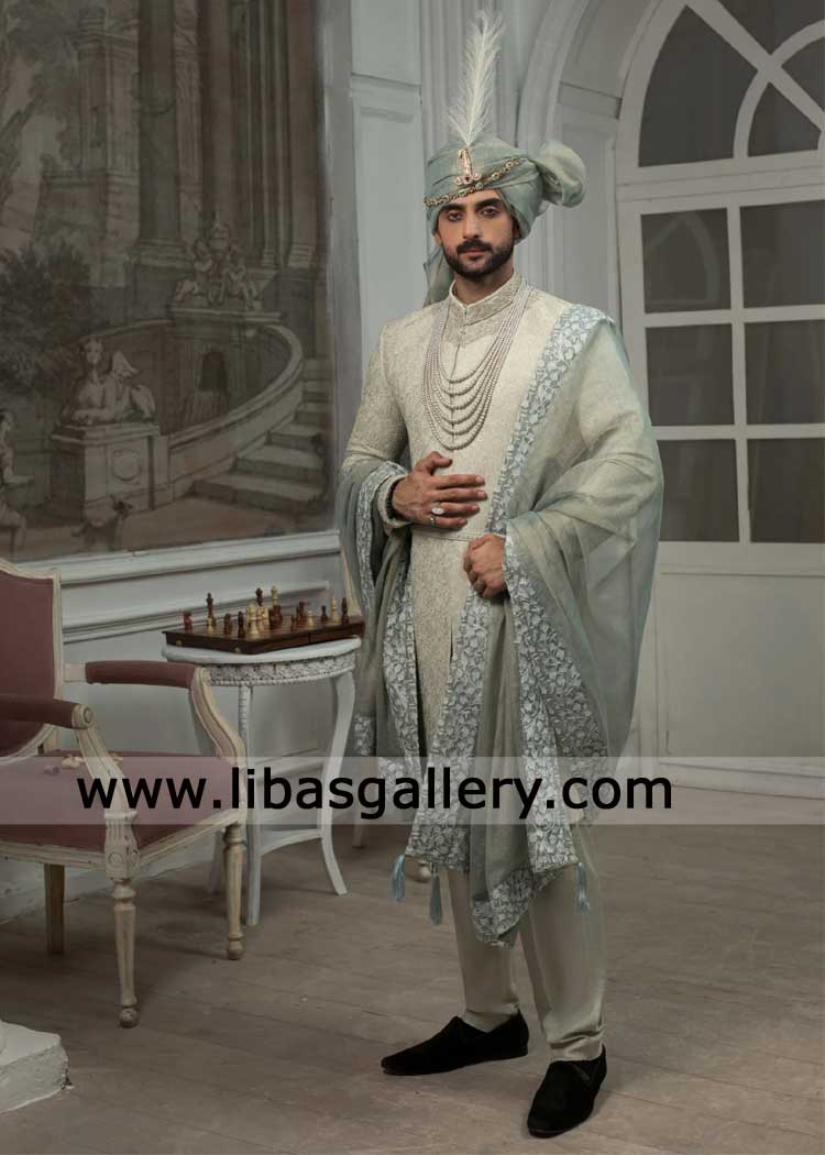 Mist Green Hand Embroidered Royal Groom Sherwani