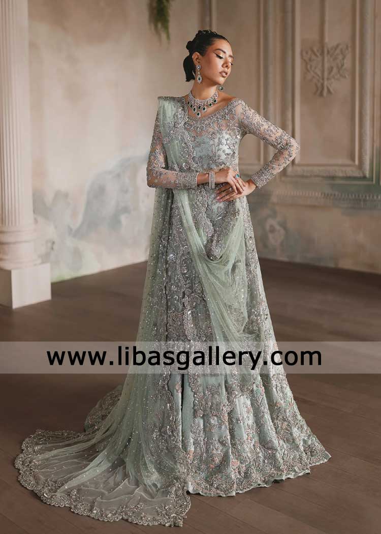 Mint Bridal Lehenga and shirt heavuly hand embellished with Dupatta
