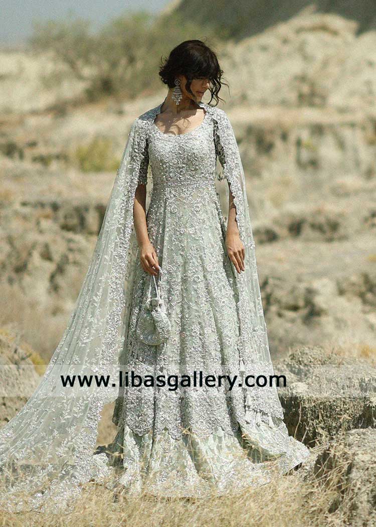 Elegant Icy Mint Bridal Peshwas with Hand Embellished Lehenga