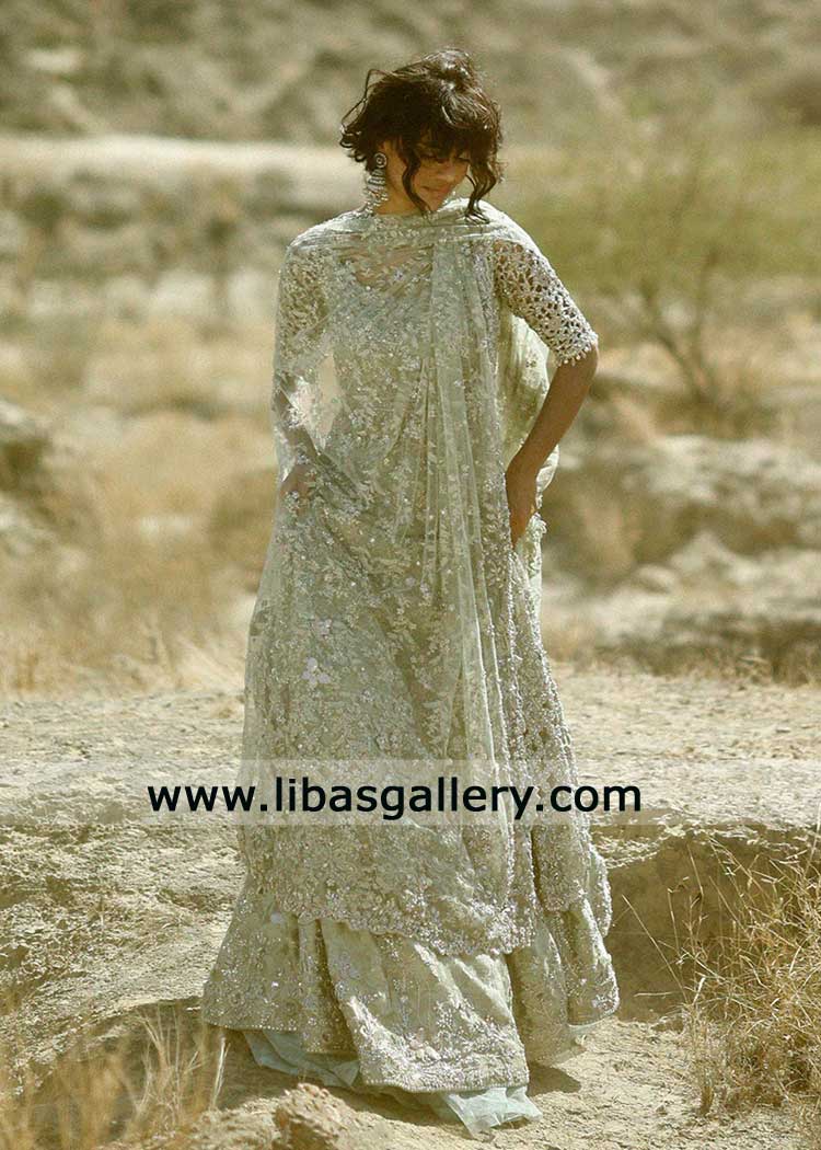 Elegant Icy Mint Bridal Peshwas with Hand Embellished Lehenga