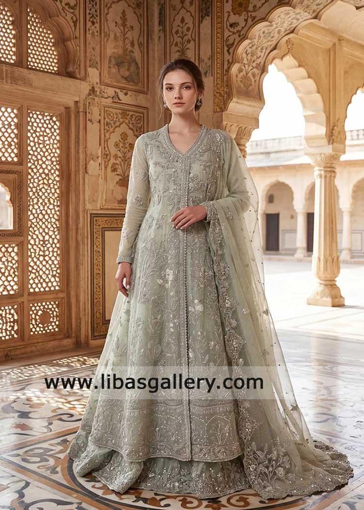 Mint green Angrakha with kamdani and resham embroidery