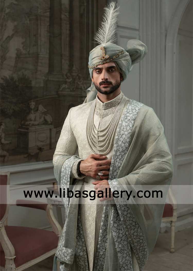 Mist Green Hand Embroidered Royal Groom Sherwani