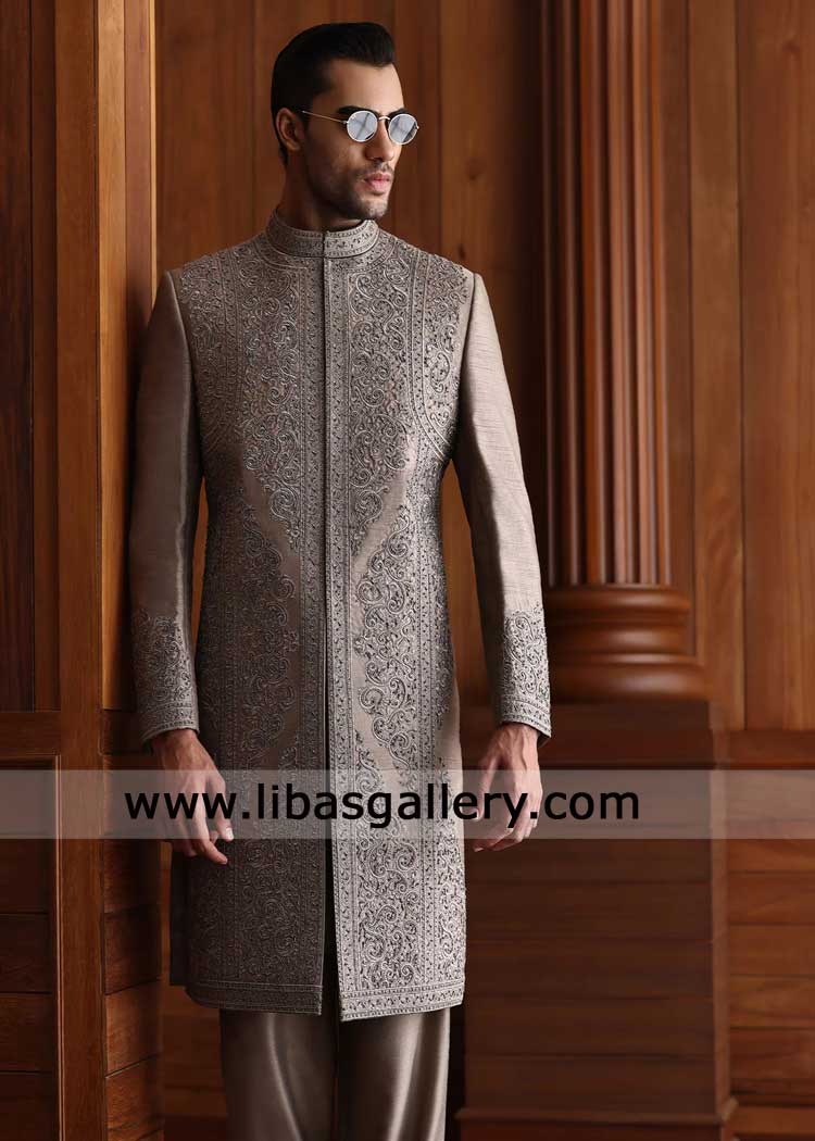 Mushroom Beige Hand Embellished Wedding Sherwani for Groom