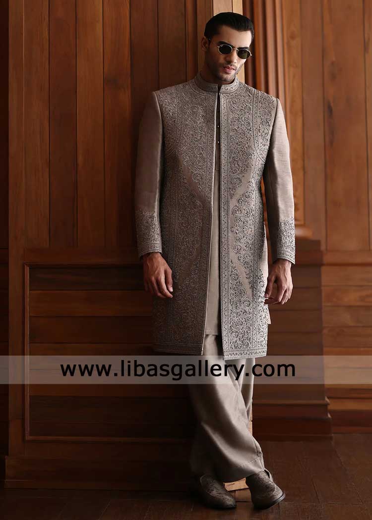 Mushroom beige Hand embellished Wedding Sherwani for groom Nikah day paired with matching kurta trousers Indianapolis Seattle Denver USA