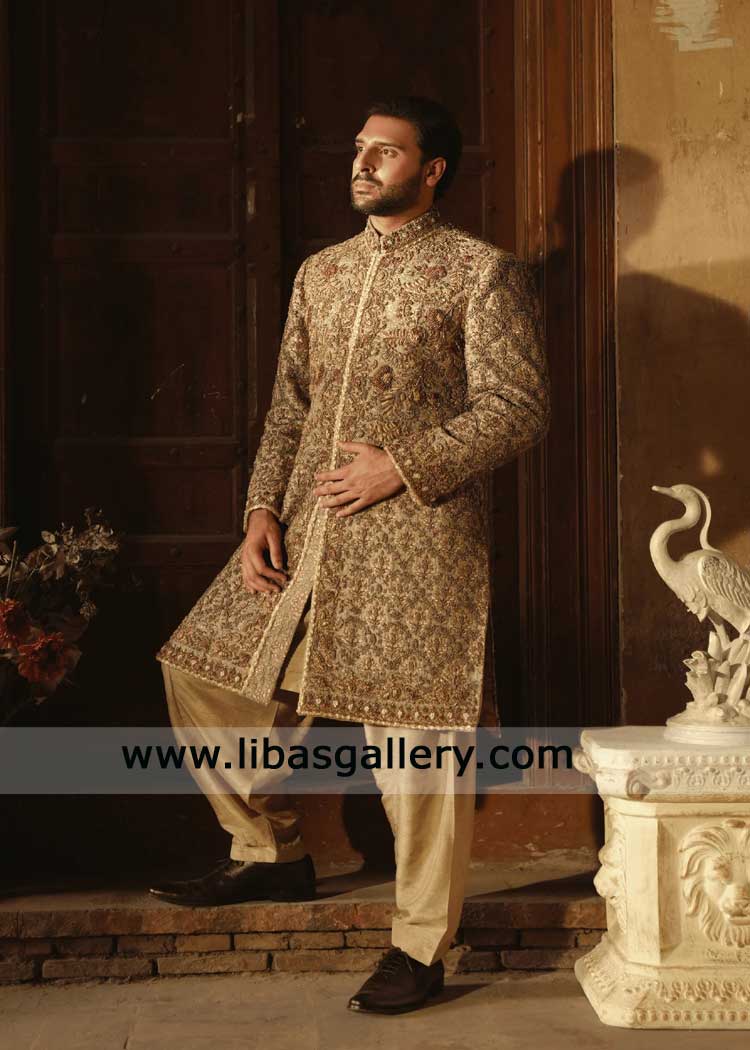 Majestic Sand Beige Hand Embellished Wedding Sherwani for Groom