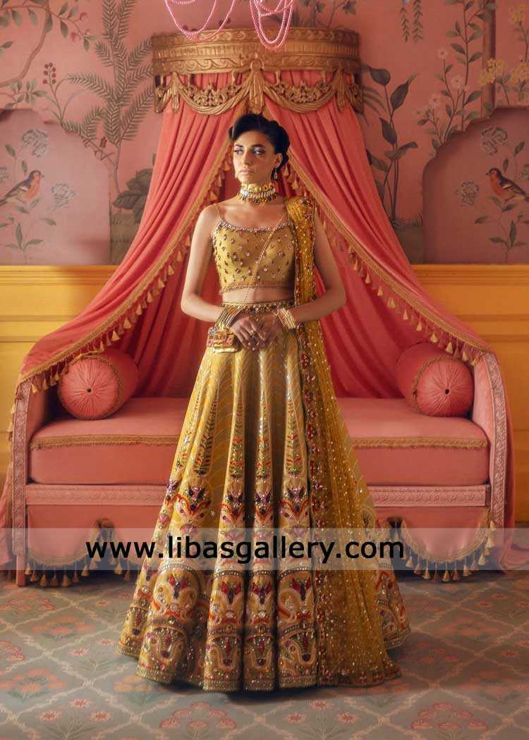 Mustard lehenga choli bridal in raw silk hand embellished