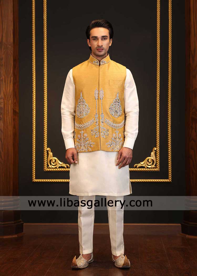 Mustard gold embroidered waistcoat for groom wedding and nikah celebration with white kurta pajama Denver Oklahoma Washington USA