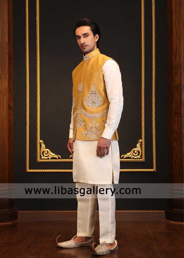 Mustard gold Embroidered Groom Wedding Waistcoat